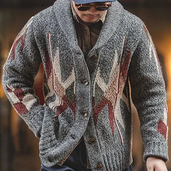 Качественный повседневный мужской новый жаккардовый свитер с длинным рукавом, утолщенное вязаное пальто с лацканами