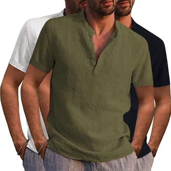 Мужская повседневная рубашка с коротким рукавом и воротником-стойкой, однотонная деловая уличная одежда, рубашки Henley, мужская модная летняя рубашка, одежда
