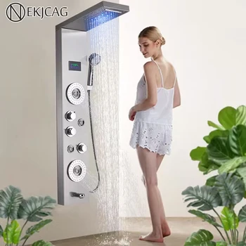 Цифровой дисплей, Душевая панель для ванной комнаты, колонка, светодиодный смеситель для дождя и водопада, многофункциональный башенный смеситель для душа с обратным струйным смесителем