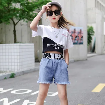 Спортивный костюм для детей, модная дизайнерская одежда для девочек, костюмы для девочек, летние топы для подиума в стиле хип-хоп, Корейские джинсовые шорты, костюм-тройка
