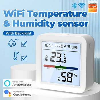 Tuya WIFI Bluetooth Датчик температуры и влажности Умный Цифровой гигрометр для помещений, термометр, детектор ЖК-экрана для Alexa Google
