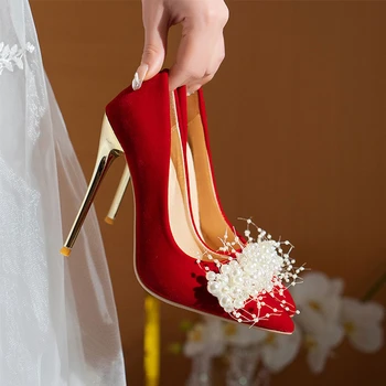 Новые женские туфли-лодочки с украшением в виде кристаллов, острый носок, тонкие каблуки, белое пятно, неглубокое противоскользящее платье, Свадебные туфли на высоком каблуке для невесты, Размер 35-45