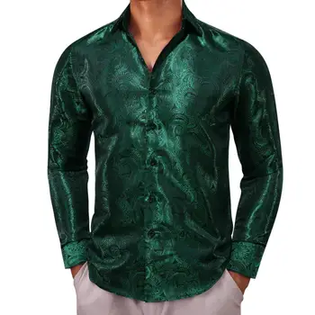 Роскошные мужские рубашки с длинным рукавом, Шелковые Темно-зеленые мужские блузки с узором Пейсли, Повседневные топы, Дышащая уличная одежда Barry Wang