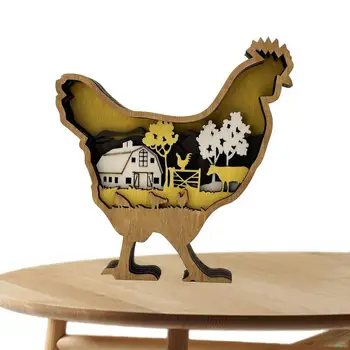 Креативный резной орнамент в виде петуха, Полая многослойная резьба по дереву для сельскохозяйственных животных, поделки из курицы со светом для домашнего декора рабочего стола