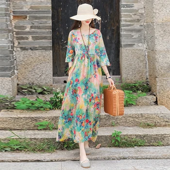 Платье с цветочным рисунком в богемном стиле для отдыха, женские летние новые модные элегантные литературные платья-пуловеры средней длины с высокой талией