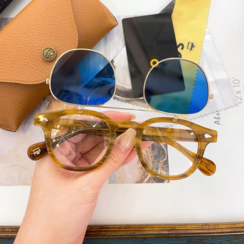 Классические круглые солнцезащитные очки Fliptosh для мужчин, ретро солнцезащитные очки с откидной крышкой, полосатые коричневые ацетатные солнечные очки ручной работы для женщин