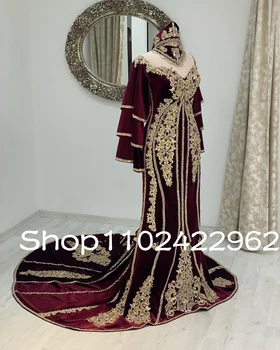 Бордовые вечерние платья русалки Традиционный кафтан с аппликацией из марокканского кружева и длинным рукавом Платье для выпускного вечера robée de soirée de mariage