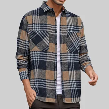 Стильная мужская рубашка в клетку Y2k, модная свободная простая куртка с отворотом и карманом, Однобортная одежда с длинным рукавом, Camisas