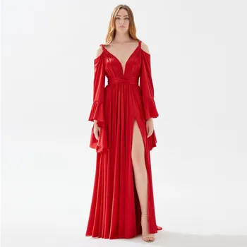 Элегантные красные вечерние платья трапециевидной формы для женщин с V образным вырезом и длинными рукавами, с высоким разрезом по бокам, длиной до пола, с плиссированным поясом, вечерние платья для выпускного вечера