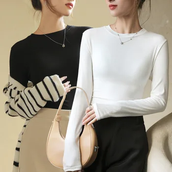 Весенне-осенняя женская футболка из модального хлопка с круглым вырезом, осенне-зимняя Черная футболка с длинным рукавом, женская футболка