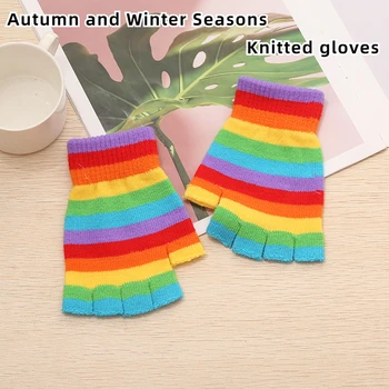Осенне-зимние перчатки, вязаные теплые перчатки, уличные перчатки для мальчиков и девочек, перчатки без пальцев, женские