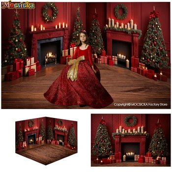 Рождественский подарок Фон для фотосессии с камином в гостиной, стильный фон для красных Рождественских елок, реквизит для фотосъемки портрета взрослой девочки и ребенка