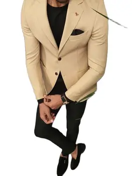 Модный дизайн, Полные мужские костюмы, пальто цвета шампанского с зубчатым лацканом, блейзер, Деловой мужской костюм, свадебный костюм, куртка из 2 предметов + черные брюки