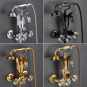 Золотой / Античный Латунный Смеситель для ванной комнаты Настенные смесители Swan С двойной ручкой управления Crystal Grip