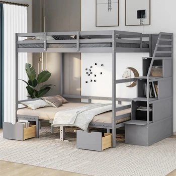 Многофункциональный дизайн, полноразмерная двухъярусная кровать с лестницей, пуховая кровать может быть трансформирована в сиденья и стол, серая