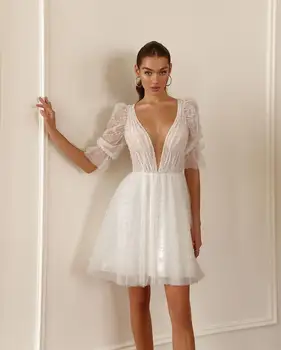 Потрясающие расшитые бисером Короткие свадебные платья с V-образным вырезом длиной до колен, укороченные сзади, сшитые на заказ 2023 Vestido De Noival