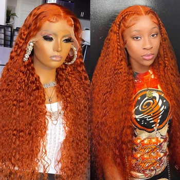Парик на кружеве имбирно-оранжевого цвета, натуральные волосы, распущенные вьющиеся 13X4 13x6, Глубокая волна спереди, парики для косплея, предварительно выщипанные для женщин