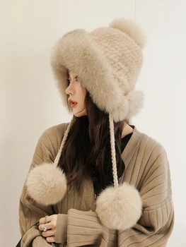 Любительница меха 2023, зимняя женская меховая шапка, вязаная шапка из натурального меха норки с отделкой из густого лисьего меха и помпонами