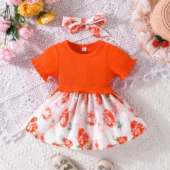 Платье для детей 0-18 месяцев в стиле Дня Рождения с коротким рукавом, милые оранжевые вечерние платья принцессы в цветочек, Ootd для новорожденной девочки
