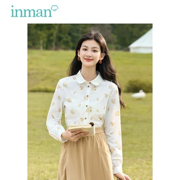 Женская блузка INMAN 2023, осенние свободные рубашки Поло с длинным рукавом и круглым вырезом, H-образный принт, Модные повседневные белые топы