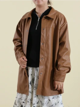Куртки из искусственной кожи 2023 Осень Зима Новая верхняя одежда с лацканами и длинными рукавами Куртки из искусственной кожи Пальто Уличная винтажная одежда