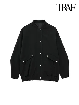 TRAF Женская мода с карманами с клапанами, негабаритная куртка-бомбер, Винтажная женская верхняя одежда с длинными рукавами и застежкой-молнией спереди, Шикарные топы