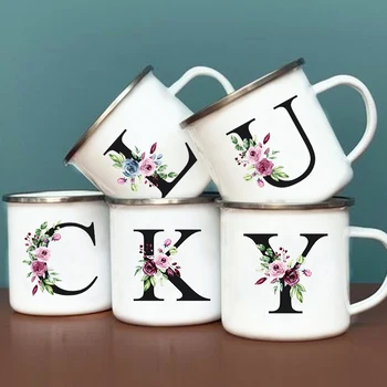 Эмалированные Кружки с буквенным Цветочным Принтом Креативный Кофе Чайный Напиток Десерт Чашка для молока для завтрака Винтажные Кружки Посуда для напитков с ручкой Свадебные Подарки