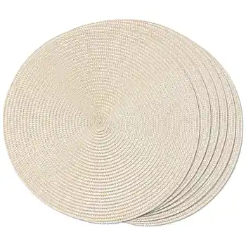 Круглые плетеные салфетки, набор из 6 настольных ковриков для обеденных столов, тканые моющиеся нескользящие салфетки 15 дюймов (бежевый)