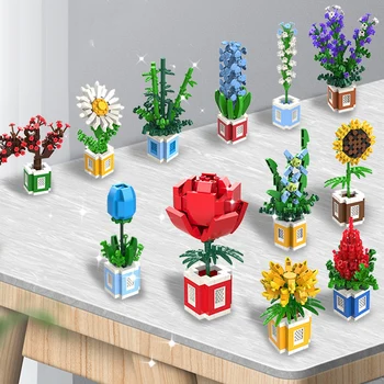 3D Модель цветка, Строительные блоки, Блоки для сборки растений в горшках, Развивающие Игрушки, Аксессуары для украшения дома, Подарки на День Святого Валентина