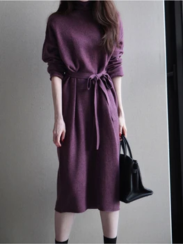 Женский пуловер, осенне-зимнее Корейское издание, однотонный фасон с высоким воротом, Универсальное трикотажное платье средней длины на шнуровке, женская одежда