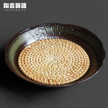 Текстура деревянного очага большая круглая подставка для чайника в паре с ротанговым ковриком Китайская подставка для горшка для воды дзен