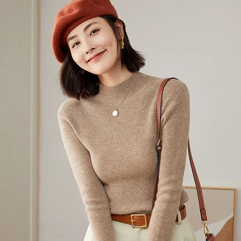 Пуловер с высоким воротником из 100% чистой шерсти, осенне-зимний кашемировый свитер, Женский повседневный вязаный топ, женская куртка, Корейская мода