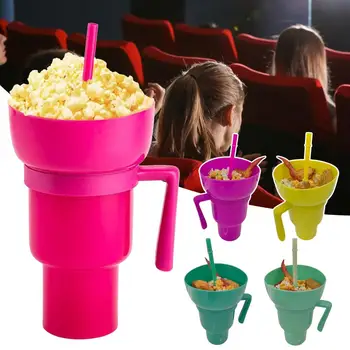 Стакан для напитков с попкорном и миской для закусок 2 В 1, чашка для закусок с соломинкой, Герметичная Чашка для закусок, чашка для попкорна для напитков в кинотеатре