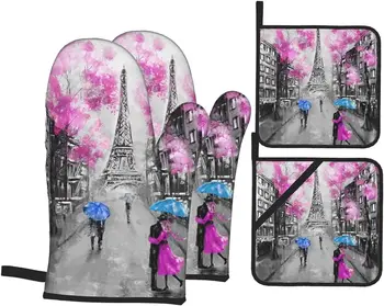 Розово-серые Прихватки и прихватки для Эйфелевой башни, влюбленные в Париж, Профессиональные хлопчатобумажные прихватки для духовки, кухонные перчатки, набор из 4 предметов