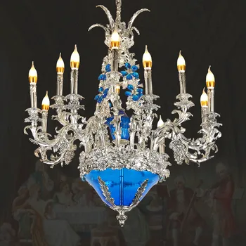 Вилла во французском стиле, Медный подвесной светильник с высоким потолком, Столовая лампа в гостиной, Европейская люстра со свечами из синего серебра и латуни