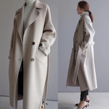 Женские зимние пальто 2023, осенне-зимние новинки Femmes, женское однотонное свободное длинное двустороннее шерстяное пальто jas