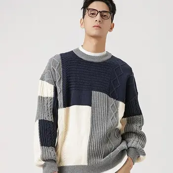 Вязаный свитер в стиле пэчворк, ropa hombre, полосатый мужской женский рождественский свитер, удобный пуловер, мужская одежда с круглым вырезом