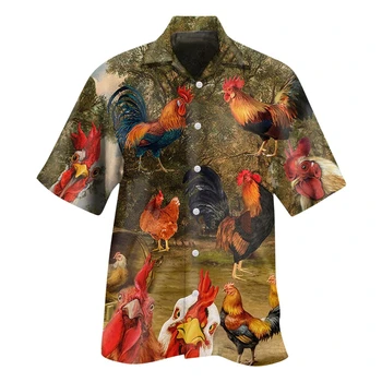 Новая летняя мужская одежда, Забавная мужская рубашка с 3D-принтом в виде цыплят и животных, Удобные топы с коротким рукавом и лацканами, повседневная рубашка для пляжной вечеринки