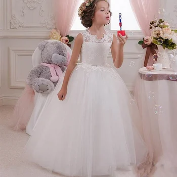 Белые кружевные платья с цветочным узором для девочек, без рукавов Для свадеб, тюлевое пышное платье для причастия, нарядное платье, романтическая одежда принцессы