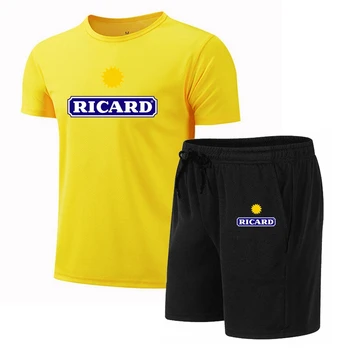 Летняя мужская спортивная одежда Ricard, костюм для фитнеса, одежда для бега, повседневная футболка + шорты, дышащий спортивный костюм для бега трусцой из 2 предметов.