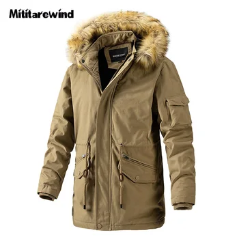 Зимняя куртка, мужские парки, меховой воротник с капюшоном, Бархатная толстая теплая ветровка, Мужская верхняя одежда средней длины с множеством карманов, зимнее пальто