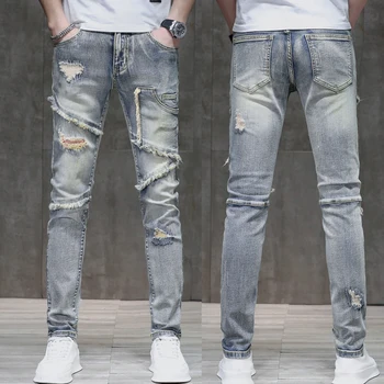 Мужские рваные джинсы, Узкая ткань в стиле пэчворк, светло-голубые потертые джинсовые брюки в стиле хип-хоп, мужские брюки, потертые джинсы