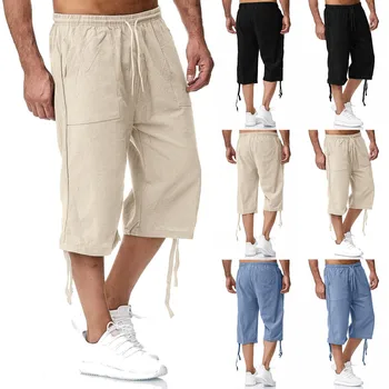 Мужские укороченные брюки, Летние брюки, мешковатые Свободные Повседневные брюки с боковыми завязками, брюки с эластичным поясом, мужские брюки из искусственного льна.