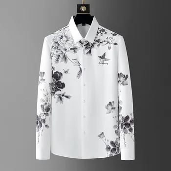 Высококачественная мужская рубашка с длинными рукавами и принтом бабочки в европейском и американском стиле, весенний трендовый повседневный мужской шелковистый эластичный топ большого размера