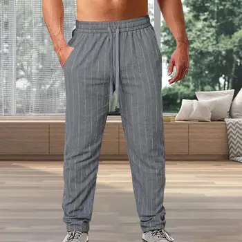 Мужские брюки с карманами и принтом в вертикальную полоску, длинные брюки, эластичный пояс на шнурке, Повседневные брюки с прямыми штанинами, уличная одежда