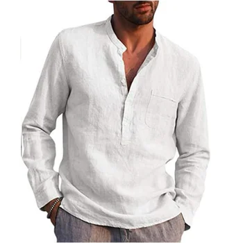 Хлопчатобумажные льняные мужские рубашки с длинными рукавами, летние однотонные рубашки со стоячим воротником, повседневный пляжный стиль, большие размеры