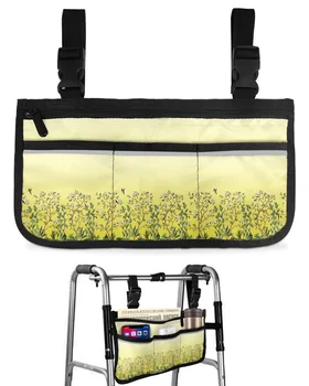 Желтое градиентное цветочное растение Бамбуковая птица Боковой подлокотник для инвалидной коляски Несколько карманов Светоотражающие полоски Подвесная сумка для хранения