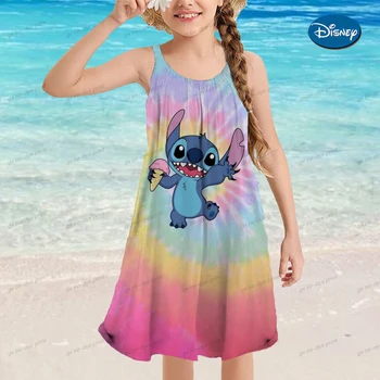 Платье принцессы для девочек Disney Stitch, летнее модное детское пляжное платье с мультяшным принтом, 2023-14 лет