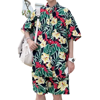 Многоцветный комплект свободных шорт Большого размера, летняя повседневная модная универсальная рубашка 2023, Пляжная молодежная рубашка с цветочным узором, мужской комплект из 2 предметов