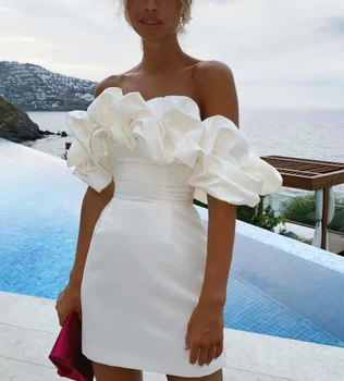 2023 Высококачественное Летнее облегающее вечернее платье Женское Белое платье с оборками Элегантное миниплатье с открытыми плечами
